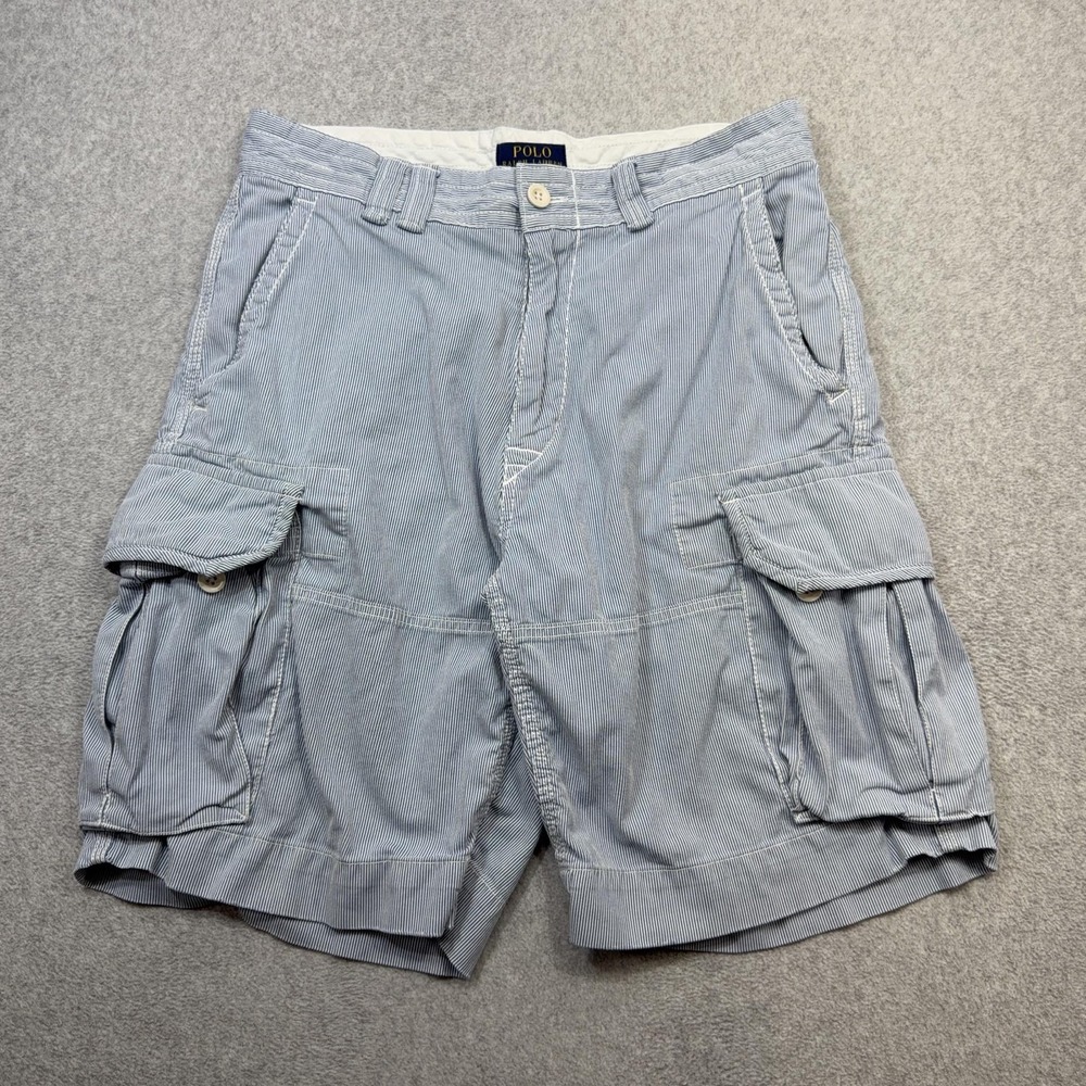 Polo Ralph Lauren Cargo Shorts Mens 32 Blue Hickory Stripe Classic Fit 10 Inch
